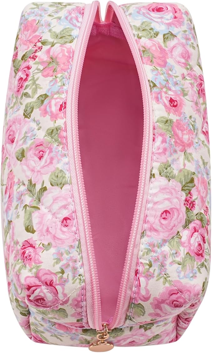 Cute Floral Makeup Bag Small Cotton Quilted Cosmetic Bag, Aesthetic Essential Bag Emergency Bag Gift for Women Girls Travel Accessories (Pink Rose)