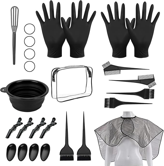 DINTSTYLE 26PCS Hair Dye Coloring Kit, Professional Hair Bleach Kit, Hair Coloring Products, Gloves, Storage Bag, Rubber Band, Shawl, Clips, Brush, Bowl, Ear Cap, Mixing Spoon, Black