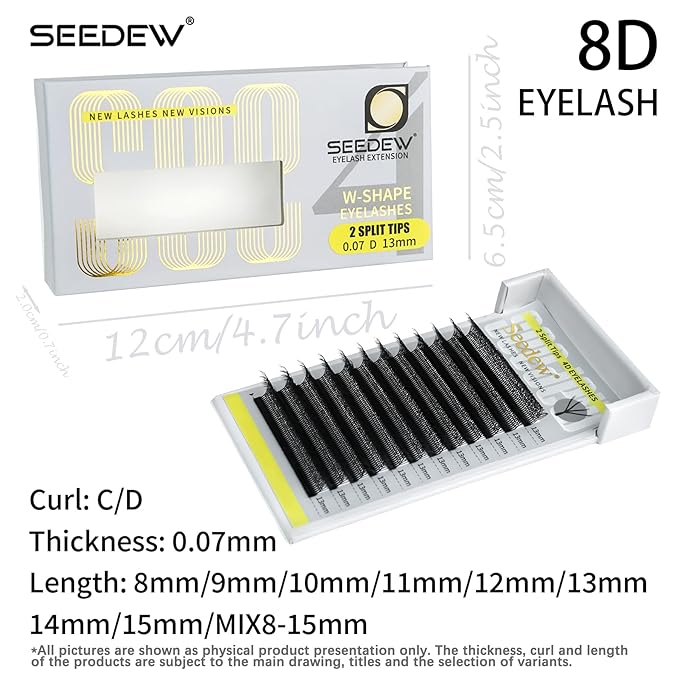 SEEDEW 4D-Double Tips Lash Extensions, 0.07mm C Curl 12mm 12 Rows/Tray, W Shape 4DD Flat Stem, PBT Volume False Eyelashes for Beginner Artist, Lash Tech, Beauty Salon(4DD-Matte Black-0.07-C-12mm)