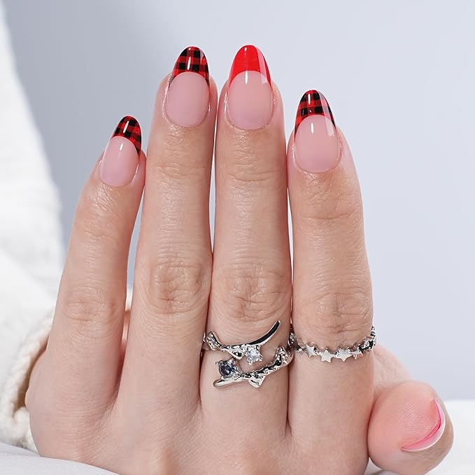 Leefrei French Tip Press on Nails - Glossy Red Press on Nail, Short Almond Fake Nails Reusable Nails Press ons for Women, 32 Pieces in 16 Sizes False Nails Kit with Glue, Tartan Cheer