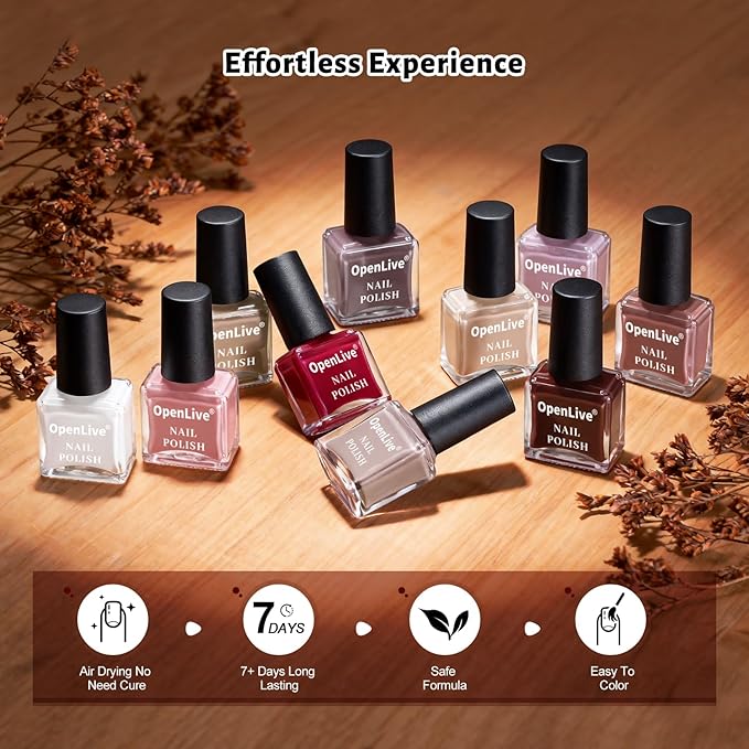 OpenLive 12 PCS Nail Polish Set 10 Color With 2PCS Base and Top Coat Quick Drying Fall Nude Brown White Red Color Holiday Gift for Her