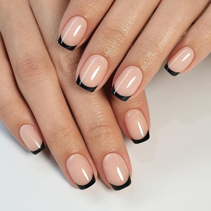 SHANGMENG Black French Tip Press on Nails Square - Soft Gel Press on Nails Short, Fit Perfectly & Natural Stick on Nails with Glue in 16 Sizes - 32 Reusable Fake Nails for Women Gift, Black French