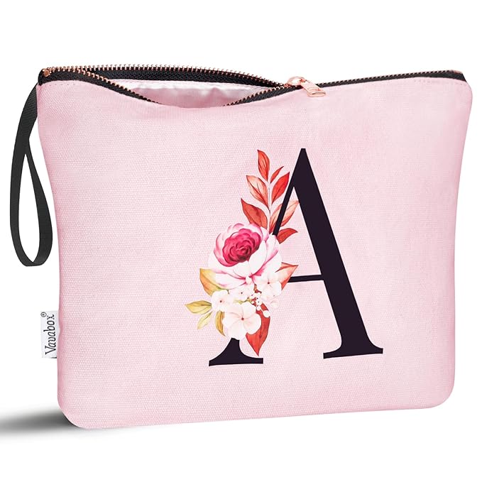 Vavabox A-Z Personalized Makeup Bag, Birthday Gifts for Women Mom, Gifts for Best Friend, Bride Bridesmaid Cosmetic bag (A, Pink)