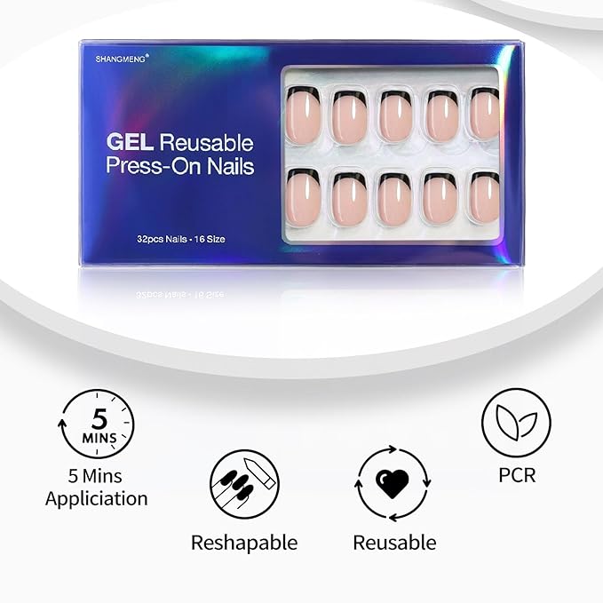 SHANGMENG Black French Tip Press on Nails Square - Soft Gel Press on Nails Short, Fit Perfectly & Natural Stick on Nails with Glue in 16 Sizes - 32 Reusable Fake Nails for Women Gift, Black French