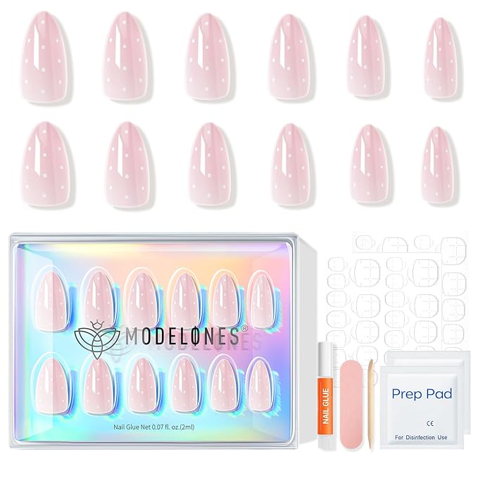Modelones Pink Valentine Press on Nails Almond, Polka Dot Short Fake Nails, Reusable Nail Kit with Nail Glue Adhesive Tabs Mini Nail File, Nails Press Ons 32Pcs 16size, Women Girl Gift ﻿