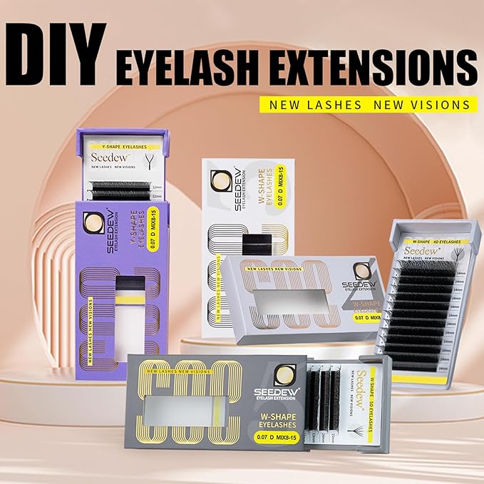 SEEDEW 4D Lash Extensions, 0.07mm D Curl MIX8-15mm 12 Rows/Tray, W Shape Flat Stem, Korean PBT Volume Eyelash Grafting for Beginner Artist, Lash Tech, Beauty Salon(4D-Matte Black-0.07-D-MIX8-15mm)