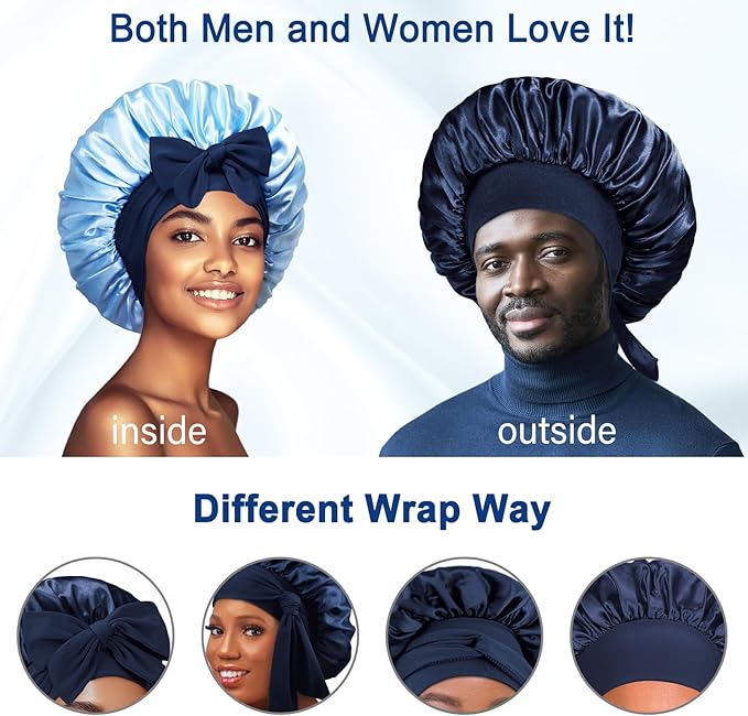 Double Layered Silk Satin Bonnet with Tie for Sleeping Black Women, Wide Band Large Hair Wrap Sleep Cap for Curly Hair Braid