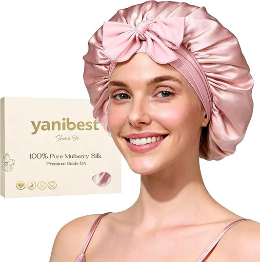 YANIBEST 22 Momme 100% Mulberry Silk Bonnet for Sleeping Women Double Layer Sleep Bonnet with Tie Band, Sleep Cap