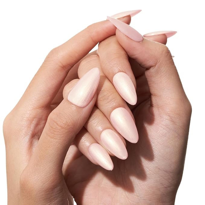 GLAMERMAID Press on Nails Medium Almond, Spring Handmade Shimmer White Pearl Gel Glue on Nail, Glossy Short Stiletto Reusable Pink Fake Nails Acrylic False Nails Manicure Kits for Women