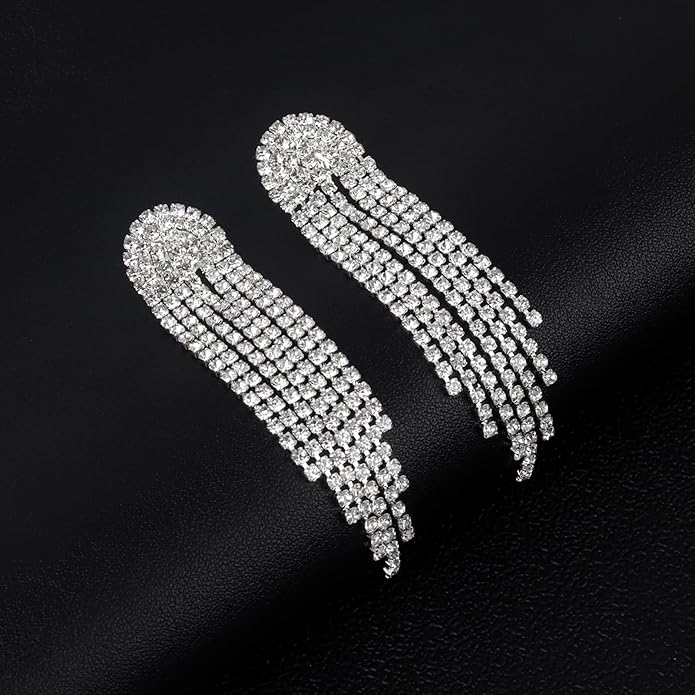 HERIER Rhinestone Earrings Dangling for Women Chandelier Statement Tassel Earrings Girls Silver Sparkly Drop Cubic Zirconia Crystal Earrings Long Dangle Costume Jewelry