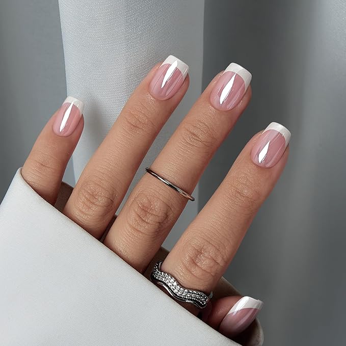 BTArtbox Press on Nails Short - White French Tip Press On Nails Square, Chrome Glazed Glue On Nails, Stick On Nails in 15 Sizes - 30 Soft Gel Fake Nail Kit, Be Elegant