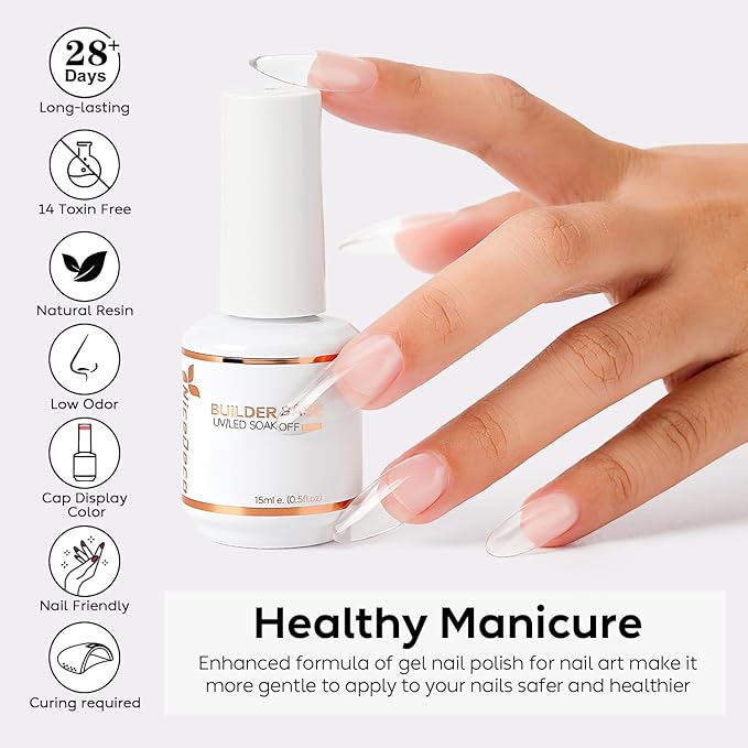 Nicedeco Builder Gel 15ML 8 in 1 Kit - Clear Base, Hard Gel, Extension Nail Gel for Nail Art Design-008