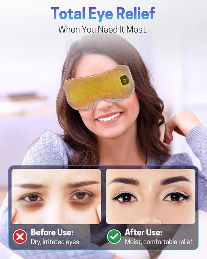 Heated Eye Mask for Dry Eyes, Stye Relief and Improved Sleep - Cordless Rechargeable Warm Compress with Graphene Heating, 3 Temp Settings, Auto Shut-Off, Washable Sleep Mask for Travel