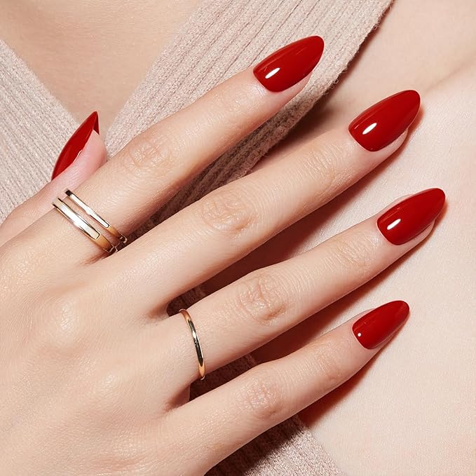 Modelones Red Press on Nails Almond, Valentines Short Almond Fake Nails, Nail Kit with Nail Glue Adhesive Tabs Mini Nail File, Nails Press Ons 32 Pcs16 Sizes, Women Girl Gift