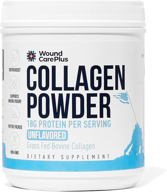 Wound Care Plus Collagen Peptides Powder Unflavored - Grass-Fed Hydrolyzed Collagen with 18g Protein - Supports Skin, Hair & Joint Health - Non-GMO, Keto Friendly