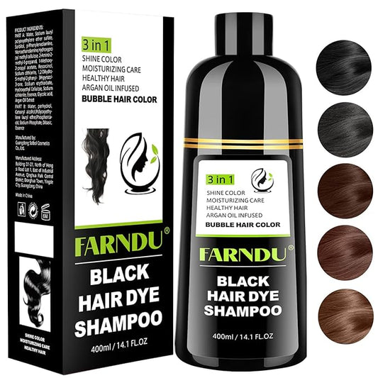 Farndu Black Hair Dye Shampoo for Women & Men, Gray Hair Coverage Herbal Natural 3 in 1 Hair Color Shampoo, Champu para canas