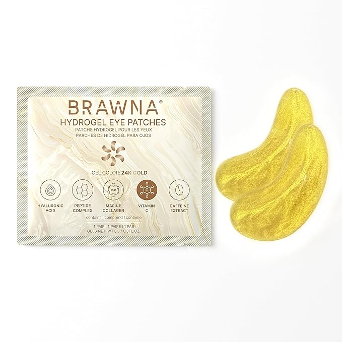 BRAWNA UnderEye Patches – Hydrogel Masks with Vitamin C, Caffeine & Collagen – For Dark Circles, Puffy Eyes, Wrinkles & Tired Skin – 24K Gold Skincare – 24 Pairs