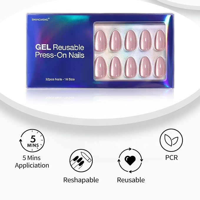 SHANGMENG Pink Cat Eye Press on Nails Short - Soft Gel Press on Nails Almond for Women Gift, Fit Perfectly & Natural Glue on Nails in 16 Sizes - 32 Reusable Fake Nails with Glue, Beige Pink