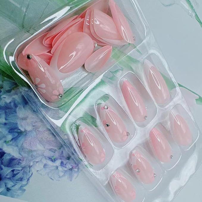 24Pcs Short Almond Press-On Nails Medium Pink Floral French Tip Glossy&Elegant Full Cover Fake Nails for Women&Girls Spring,Daily Wear