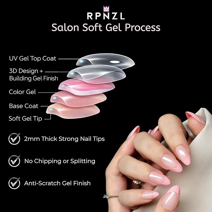 RPNZL Press On Nails - BubbleGum French | 3D Pink French Tip, UV Finish Almond Nails, Reusable | 32 Nails, 16 Sizes Kit with Glue and Adhesive Tabs I Female Founded