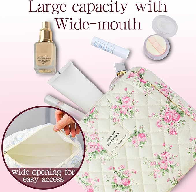 Makeup Bag, 3 PCS Quilted Makeup Bag, Cute Floral Cotton Cosmetic Bag set, Coquette Makeup Pouch Large Travel Toiletry Bag