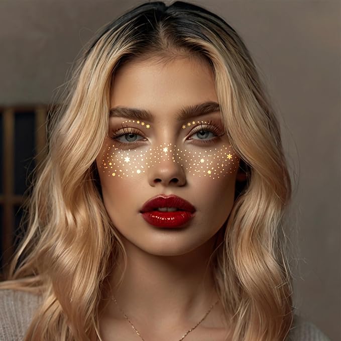 12 Pcs Gold Glitter Freckle Face Tattoo, Glitter Freckles Metallic Face Temporary Tattoo Sticker, Sparkle Makeup Patches Waterproof Gold Freckles Face Tattoos Stickers for Women Party Decor 654