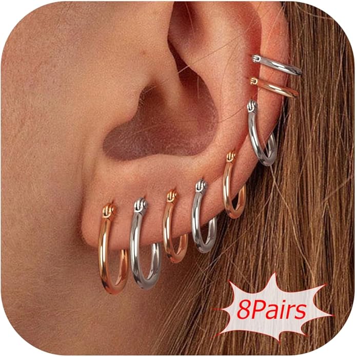 LOYALLOOK Gold Hoop Earrings Set Stainless Steel Rounded Small Hoop Earrings Set for Women Cute Huggie Earrings Nickel Free 10/12/15/20MM