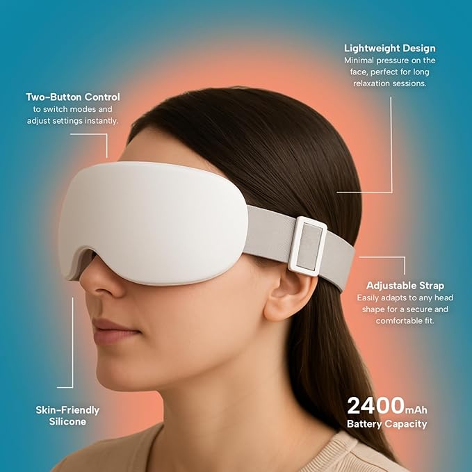 KS SHOP Eye Massager with Heat & Cooling | 12 Precision Massage Nodes | Bluetooth Music | 4 Massage Modes | 2400mAh Battery | Relaxation for Eye Strain, Dry Eyes, Stress & Headaches