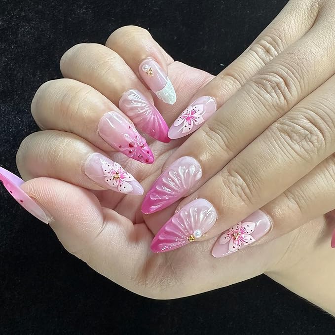 JONKASIPA 3D Pink Floral Embossed Nails Almond Shaped Floral French Fake Nails Spring Patch Nails Full Coverage Acrylic Nails For Women DIY Nail Art Supplies