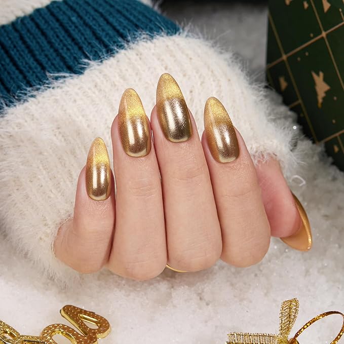 VSALON Press on Nails Medium Almond - Metallic Golden Ombre Cat Eye Glue On Nails for Women, New Year Salon Quality Fake Nails - 32 PCS Stick on Nails in 16 Sizes with Glue & Cuticle Oil