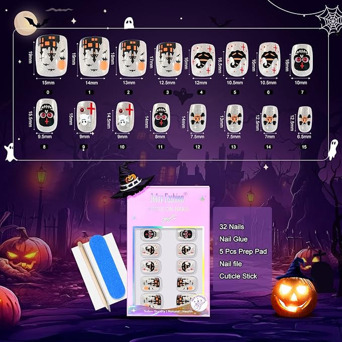 Press On Nails Halloween - Dark Coven, Halloween Press On Nails Short Cat Eye, Acrylic Square Glue On Nails with Nail Glue, Fit Perfectly & Natural Stick On Nails in 16 Sizes - 32 PCS Soft Gel Kit