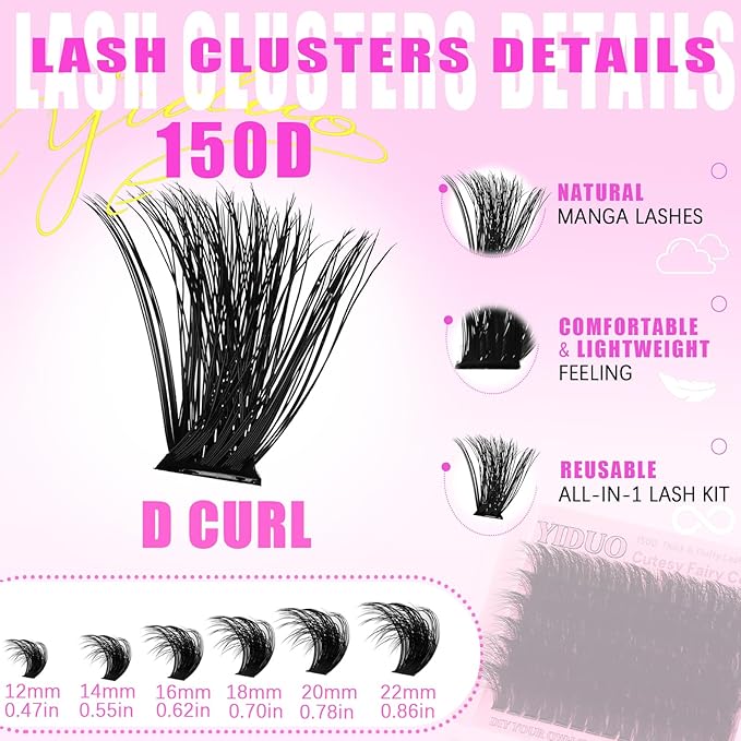 YIDUO Lashes Clusters Kit 150D 12-22MM D Curl Volume Wispy EyeLash Extensions Kit 180pcs Thick Individual DIY false eyelashes Extension with Bond and Seal |Tweezers |Removers |Eyelash Brush