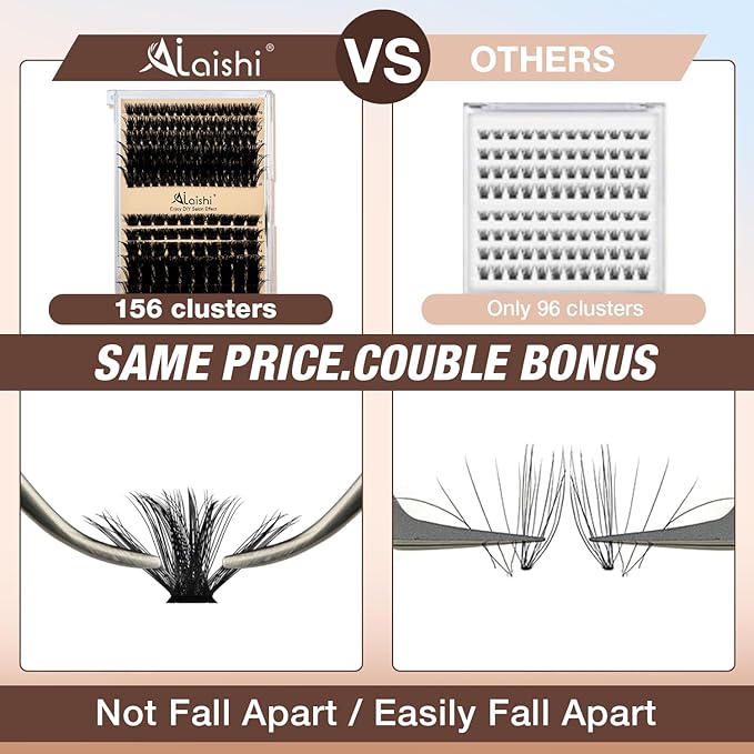 AILAISHI Lash Clusters Kit, DIY Cluster Eyelash Extensions 10‑20mm, 100D+200D, 156pcs Fluffy D Curl Natural Lashes with Bond & Seal,Tweezers–Fake Cat Eye Individual Clusters