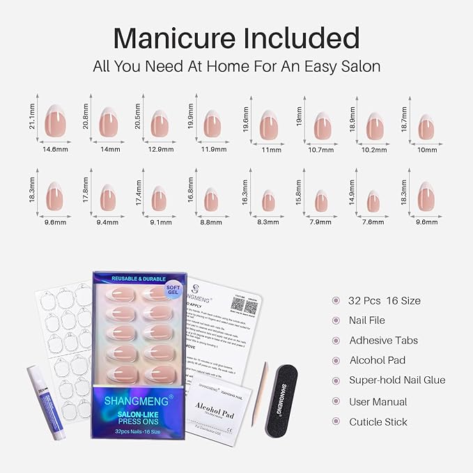 SHANGMENG White French Tip Press on Nails Short - Soft Gel Almond Nails for Women Gift, Fit Perfectly & Natural Glue on Nails in 16 Sizes - 32 Reusable Fake Nails with Glue, French White
