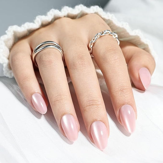 Leefrei Cat Eye Press On Nails - Glazed Soft Pink Press On Nails Short Almond Nails Press Ons for Women Fake Nails with Glue, Glossy Reusable Glue on Nail in 16 Sizes - 32pcs, Petal Pink