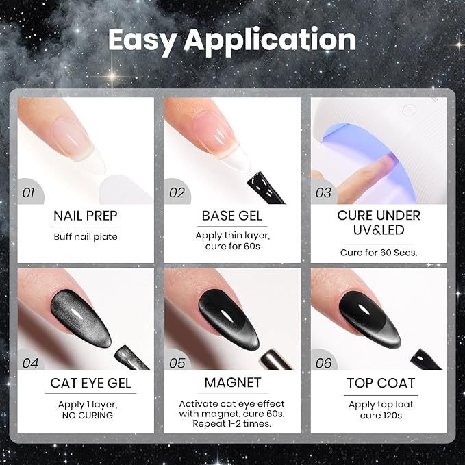 Beetles Gel Nail Polish Set - Twilight Gleam 6 Colors Cat Eye Glitter White Black Silver Shimmer Sparkle Gel Polish Kit with Magnet Soak Off Nail Art Uv Led Home Salon Gift for Women&Girls
