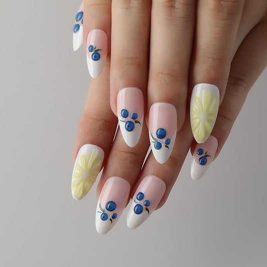 XZMeiLun 3D Blueberry Flowers Press On Nails Almond Medium, 3D Pattern Designer Reusable Acrylic Nails Press Ons, Fake Nails With Glue On, Daily Wear Floral False Nails For Women