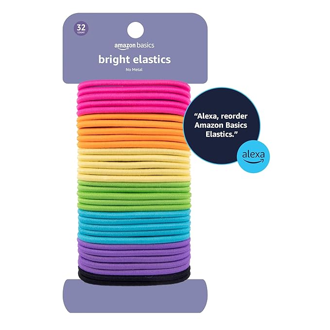 Amazon Basics Pony Tail Hair Ties - Bright 4 MM Elastics for All Types, 32 Count (Pack of 4)