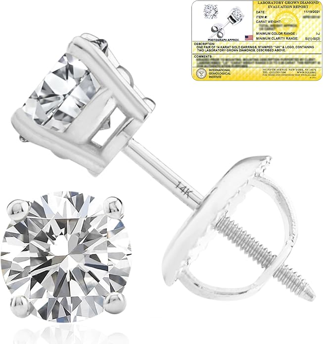 1/4-2 Carat IGI Certified Lab Grown Diamond Stud Earrings | Solitaire Real Diamonds Earring for Women in I-J Color & SI1-SI2 Clarity | 14K Gold Diamond Studs with Secure Backs by MAX + STONE