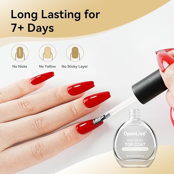 OpenLive 16.5ml Top Coat Clear Nail Polish, Quick Dry Nail Polish High Shine Long Lasting Glossy Fast Air Dry Top Coat for Nail Art Manicure Salon Quality | Clear, Glossy, Nail Art, Manicure