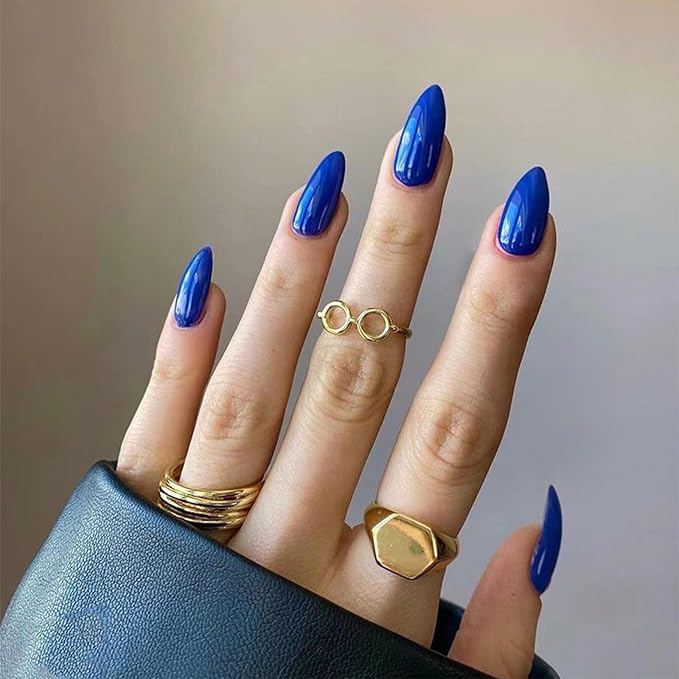 JONKASIPA Medium Almond Nails (Short) - Blue Pressed False Nails, Oval French Nails, Perfect Fit and Reusable Women's Nails, 12 Size Nail Set