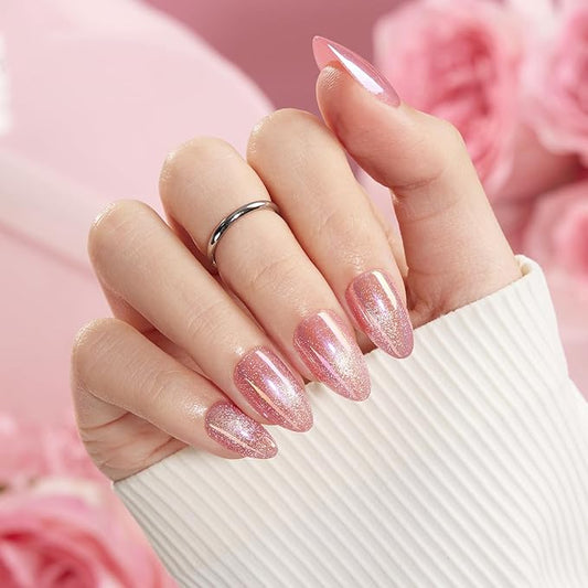 VSALON Press on Nails Short Almond - Pink Cat Eye Pastel Glitter Holographic Fake Nails Kit, Reusable Opaque Gel Chrome Glue on Nails with Glue & Cuticle Oil - Valentines Gifts for Women