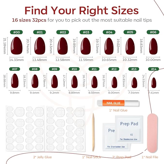 Modelones Dark Red Press on Nails Almond, Valentines Short Almond Fake Nails, Reusable Nail Kit with Nail Glue Adhesive Tabs Mini Nail File, Nails Press Ons 32Pcs16 Sizes, Women Girl Gift