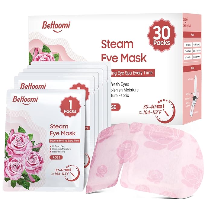 BeHoomi 30Packs Steam Eye Mask, Heated Eye Mask Warm Compress for Eyes, Self Heating Disposable Steam Mask for Home Sleep, Spa, Travel Essentials & Relaxation Gifts, Stocking Stuffers (Rose)