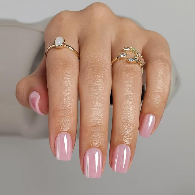 SHANGMENG Pink Chrome Press on Nails Square - Soft Gel Valentines Press on Nails Short for Women Gift, Glossy Stick on Nails with Glue in 16 Sizes - 32 Reusable Fake Nails, Aurora Light Pink