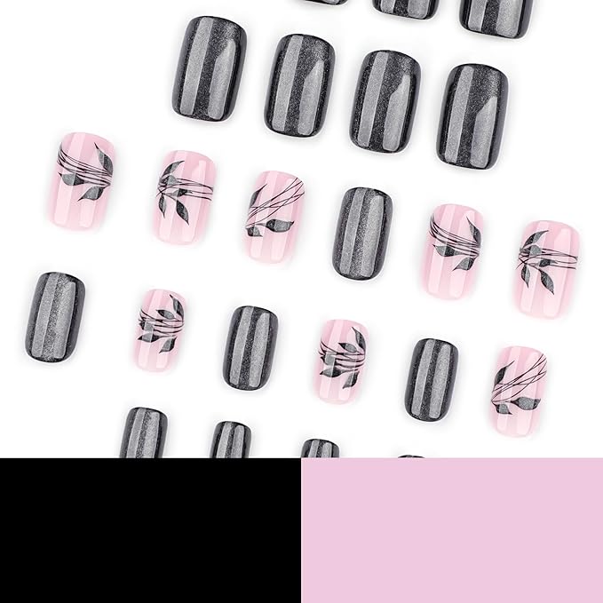 Medium Press on Nails Square - Black Fake Nails with Leaf Design - Glitter Glossy Full Cover Stick on False Nails - for Women Fall Manicure 24 Pcs