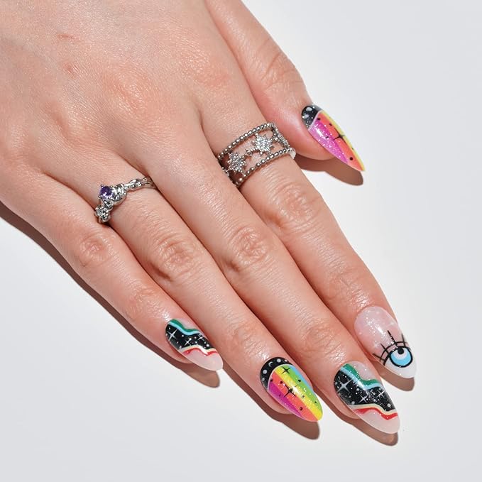 GLAMERMAID Press on Nails Medium Almond, Spring Gothic Black with Rainbow Galaxy Gel Glue on Nail, 24Pcs Glossy Short Stiletto Reusable UV Finish Fake Nails Acrylic False Nails Manicure Kits for Women