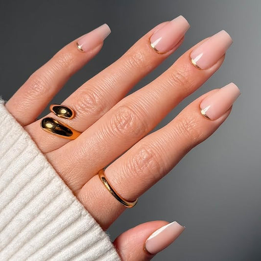 Glamnetic Press On Nails - Gold Goals | Medium Coffin Neutral Fake Nails with Gold Reverse French Tip, Salon Quality Nude Nails | 15 Sizes - 30 Nail Kit with Glue