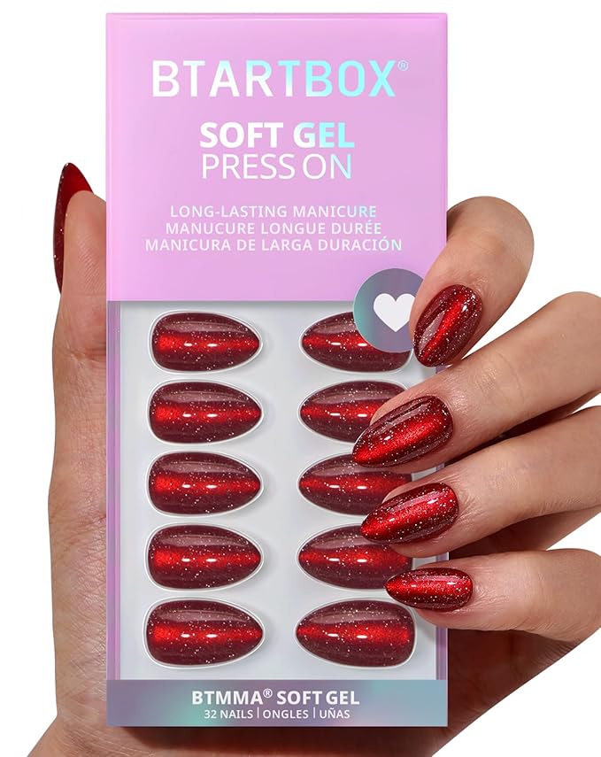 BTArtbox Press On Nails Short - New Red, Sparkle Deep Red Almond Valentines Press On Nails with Glue and Adhesive Tabs for Women in 16 Sizes - 32 Soft Gel Glue On Nails Kit