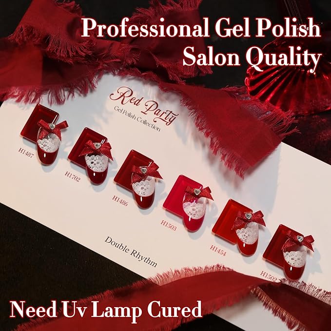 Double Rhythm 6 Pcs Hema Free Gel Polish Set 0.50 OZ Same Color Same Bottle Soak Off Neutral Natural Milky Gel Polish Kit Nail Art Manicure Salon (Shimmer Cherry Red Burgundy-H6-4)
